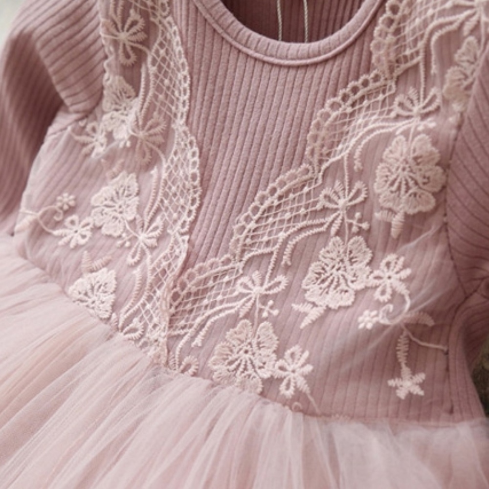 Girls Pink Flower Lace Knitted Tulle Tutu Dress - Picture 3 of 7